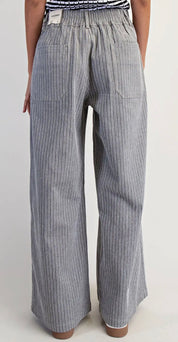 Marine Stripe Wide Leg Pants – High Rise Pleated Cotton Blend Trousers