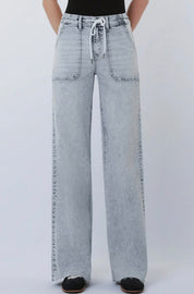 Gray Vervet High Rise Drawstring Wide Leg Jeans – Light Wash Raw Hem Denim
