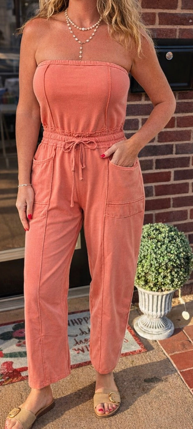 Mineral washed strapless jumpsuit - rose
