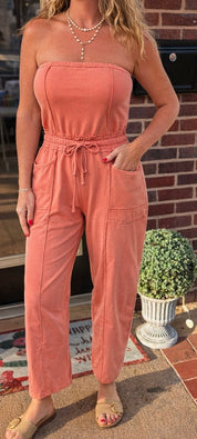 Mineral washed strapless jumpsuit - rose