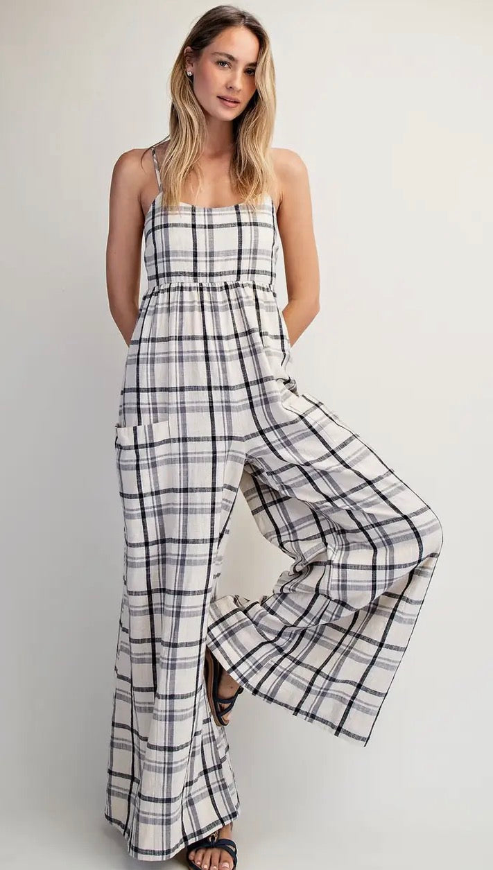 Linen Check Wide Leg Jumpsuit – Lightweight Smocked Back Summer Outfit