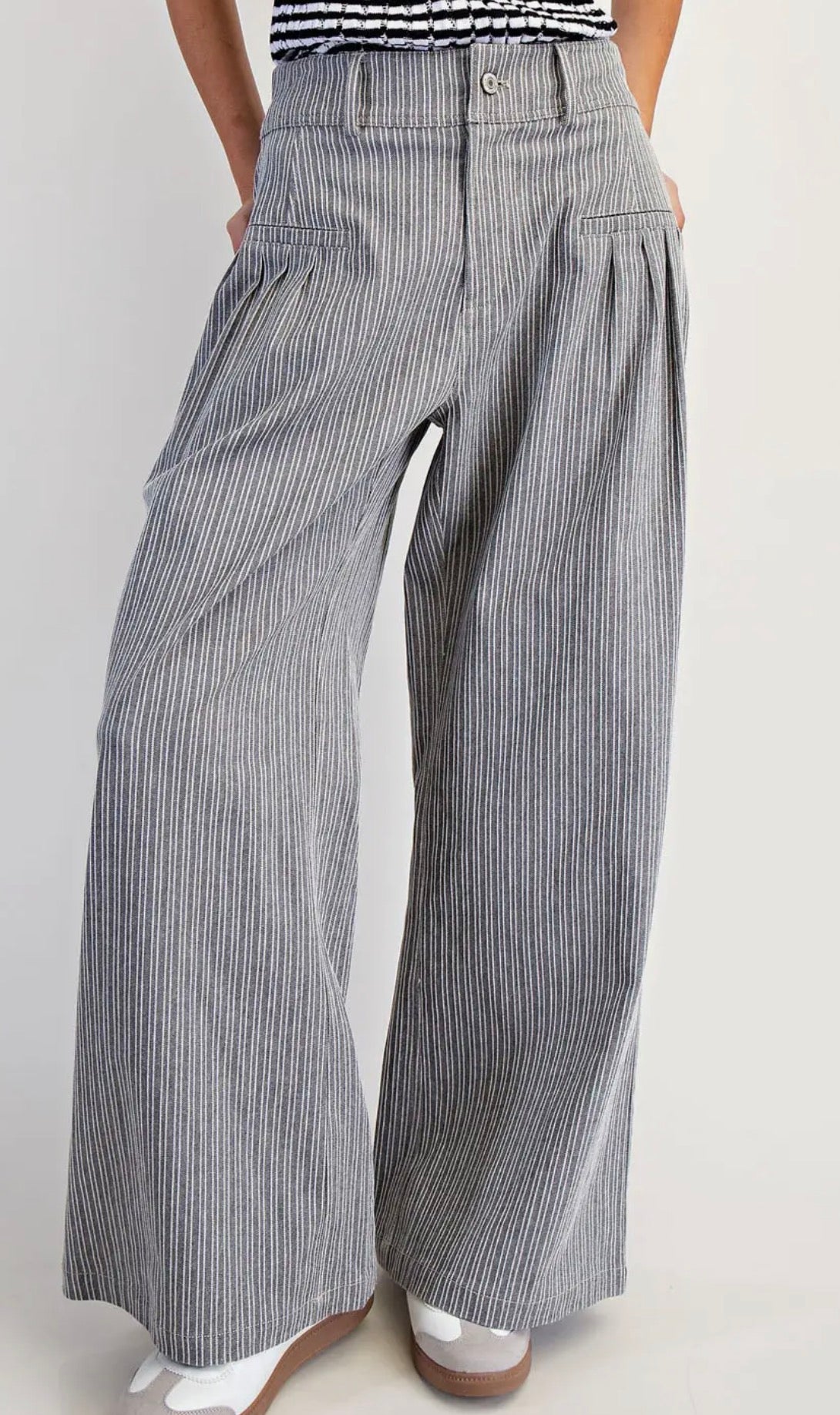 Marine Stripe Wide Leg Pants – High Rise Pleated Cotton Blend Trousers