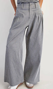 Marine Stripe Wide Leg Pants – High Rise Pleated Cotton Blend Trousers