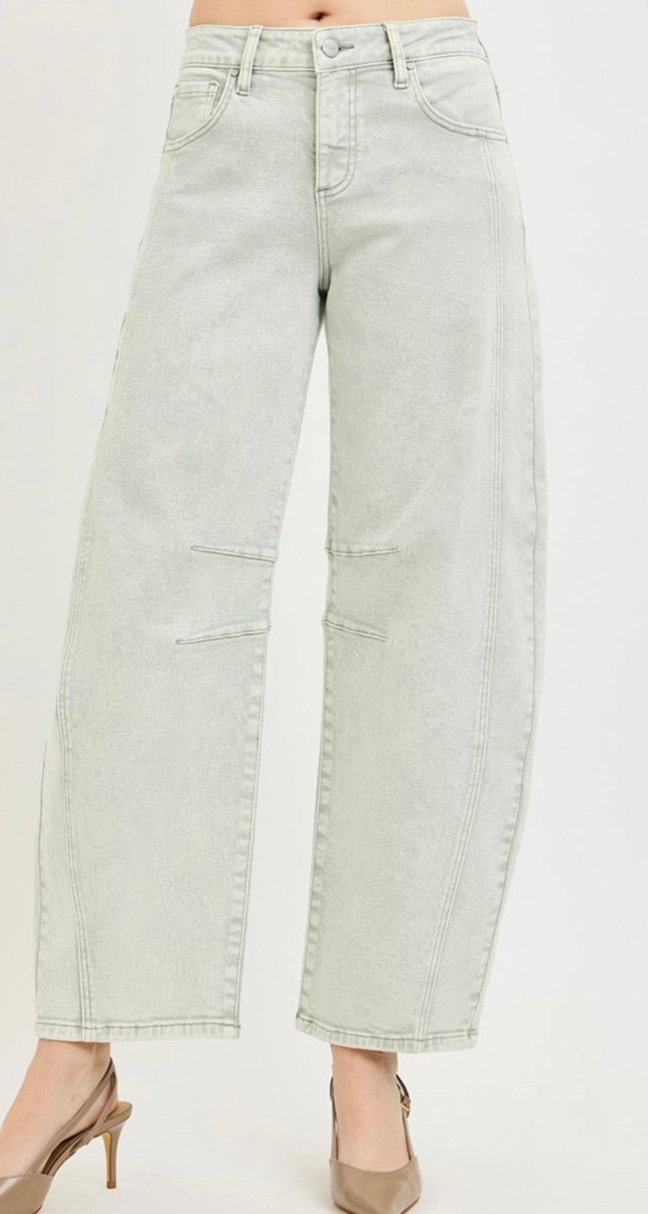 Risen Sage Wash Baby Barrel Jeans – High Rise Cropped Barrel Denim