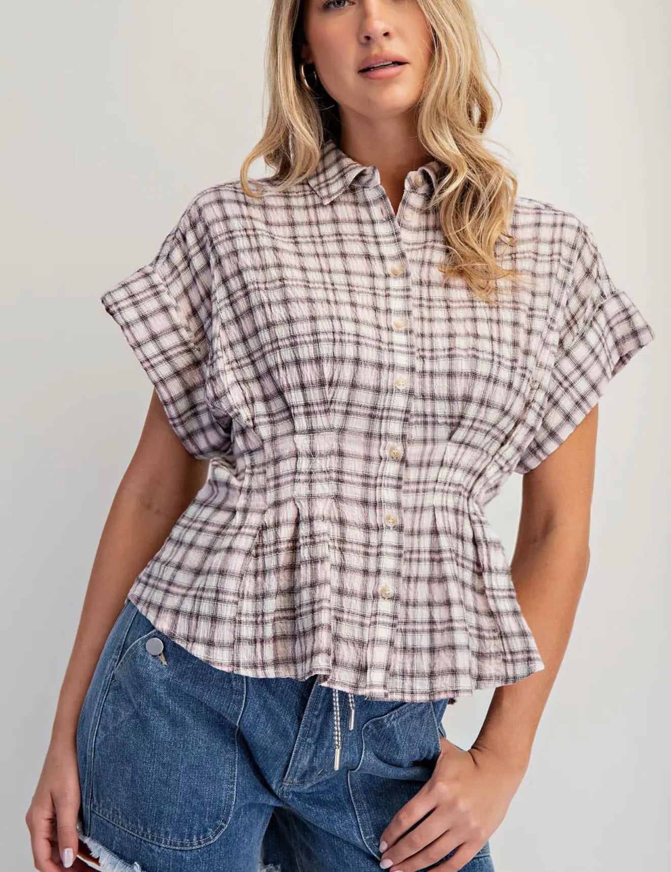 Pastel Plaid Peplum Button Front Top – Cinched Waist Cotton Blouse