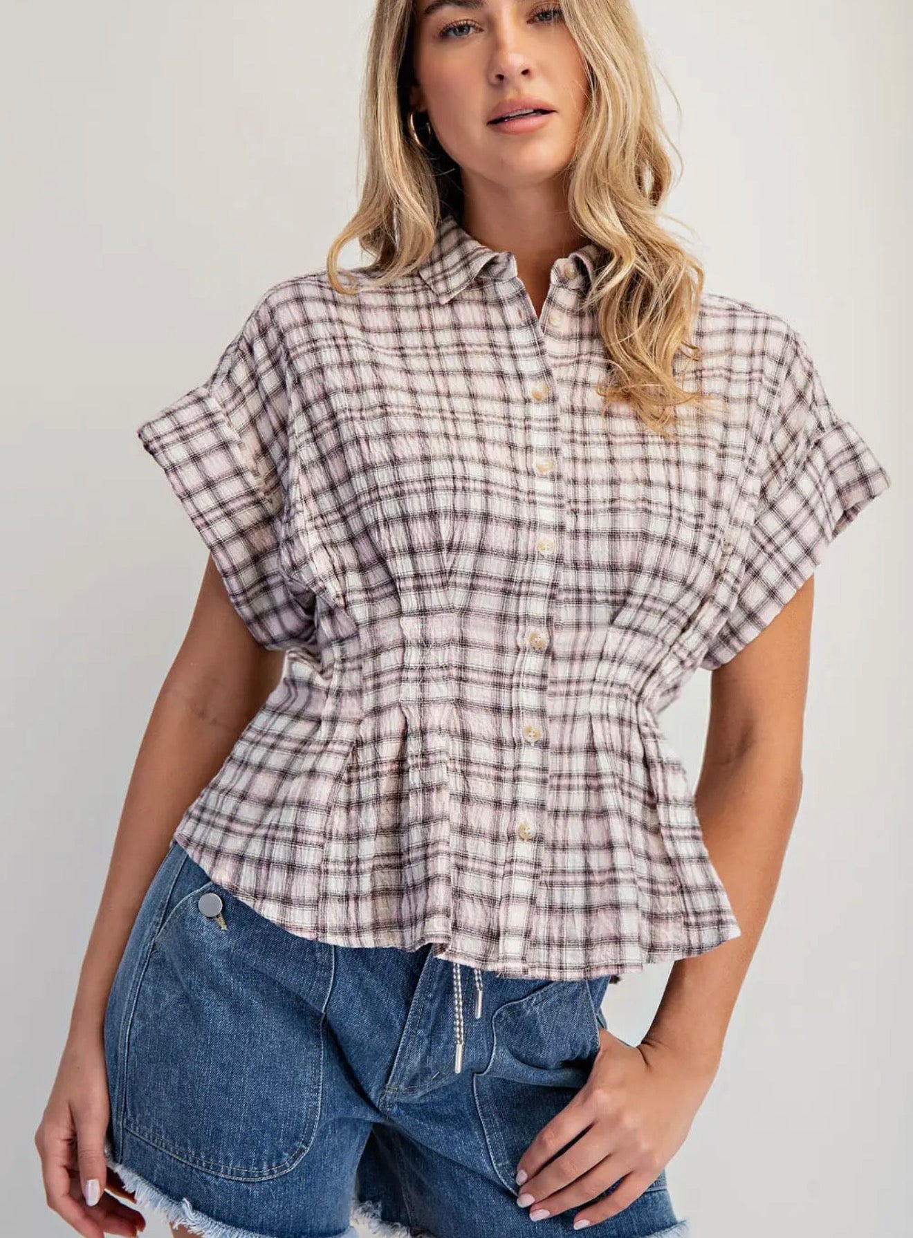 Pastel Plaid Peplum Button Front Top – Cinched Waist Cotton Blouse