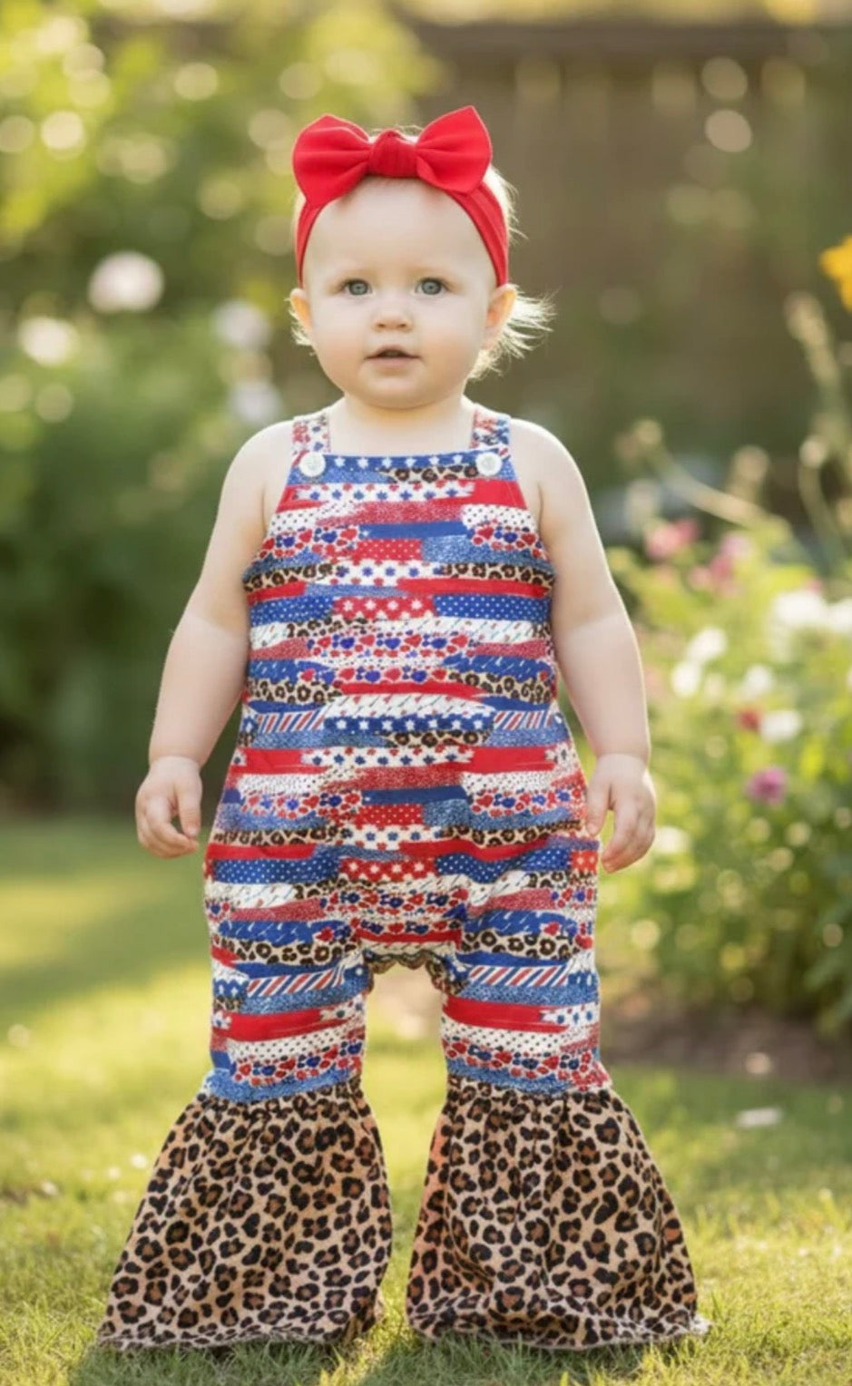 Baby red, white, and leopard overalls