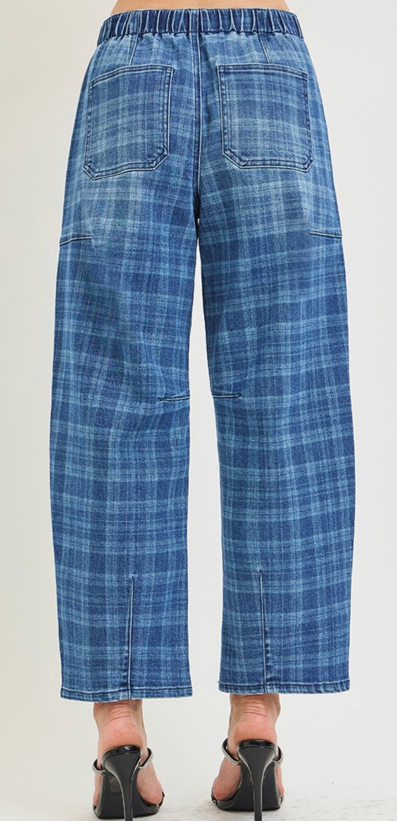 Risen Dark Plaid About You Drawstring Barrel Jeans
