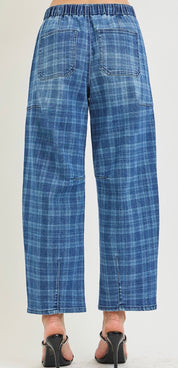 Risen Dark Plaid About You Drawstring Barrel Jeans