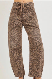 Risen Leopard Print Barrel Leg Jeans – High Rise Statement Denim