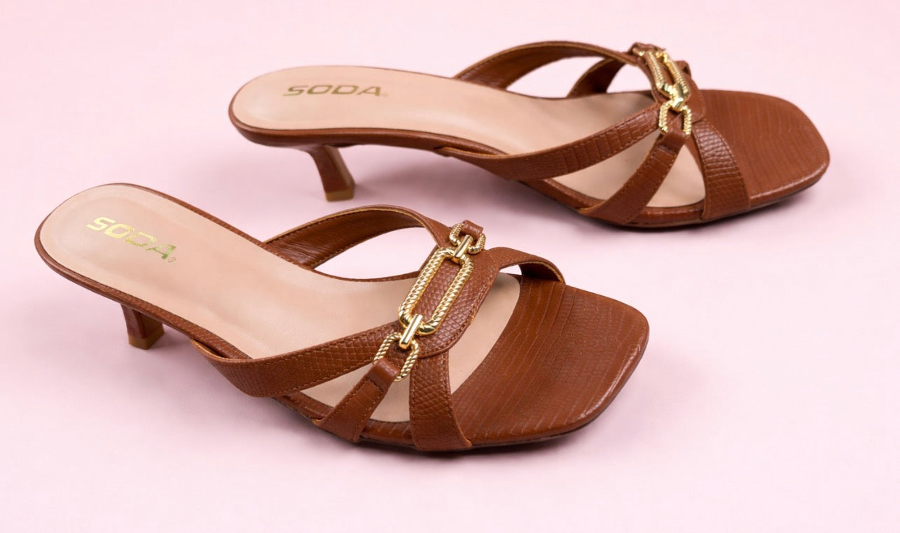 Chic Cognac Chain Strap Kitten Heel Sandals