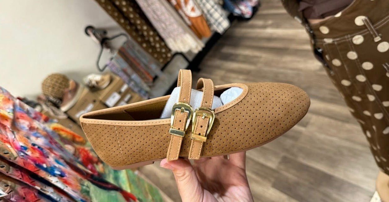 Tan Double-Buckle Mary Jane Flats