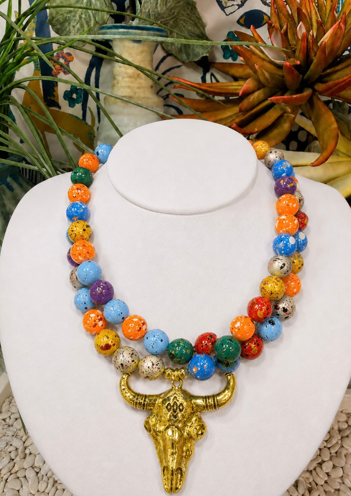 Painted Prairie Multicolor Beaded Bull Skull Necklace