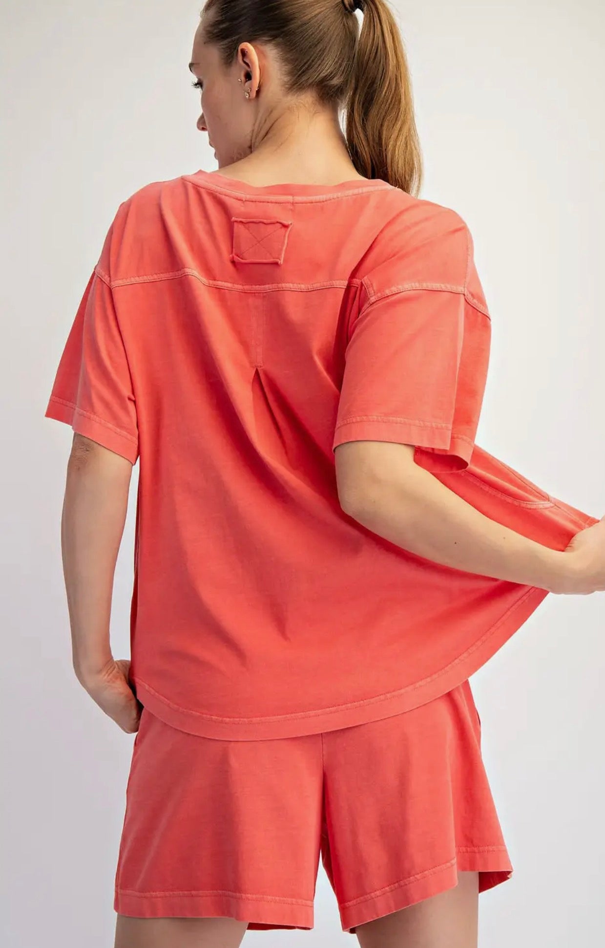 Coral Mineral Washed Lounge Set – Oversized Tee & Elastic Waist Shorts Set