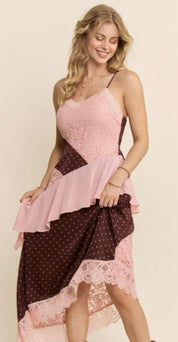 Blush & Bordeaux Patchwork Lace Midi Dress