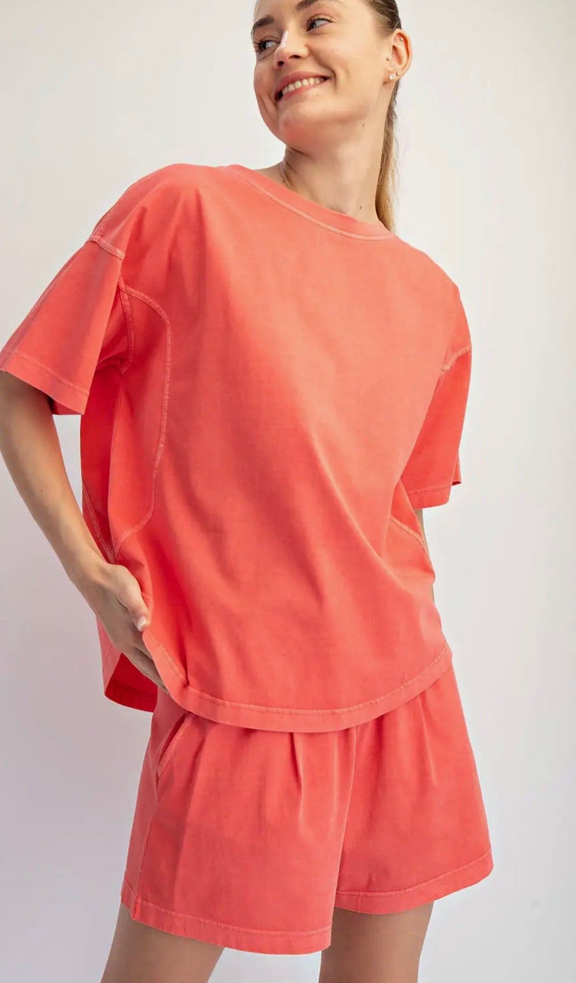 Coral Mineral Washed Lounge Set – Oversized Tee & Elastic Waist Shorts Set