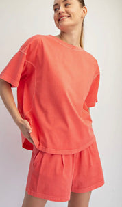 Coral Mineral Washed Lounge Set – Oversized Tee & Elastic Waist Shorts Set