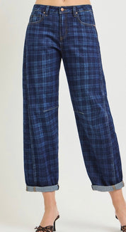 Risen Midnight Plaid Cuffed Barrel Jeans