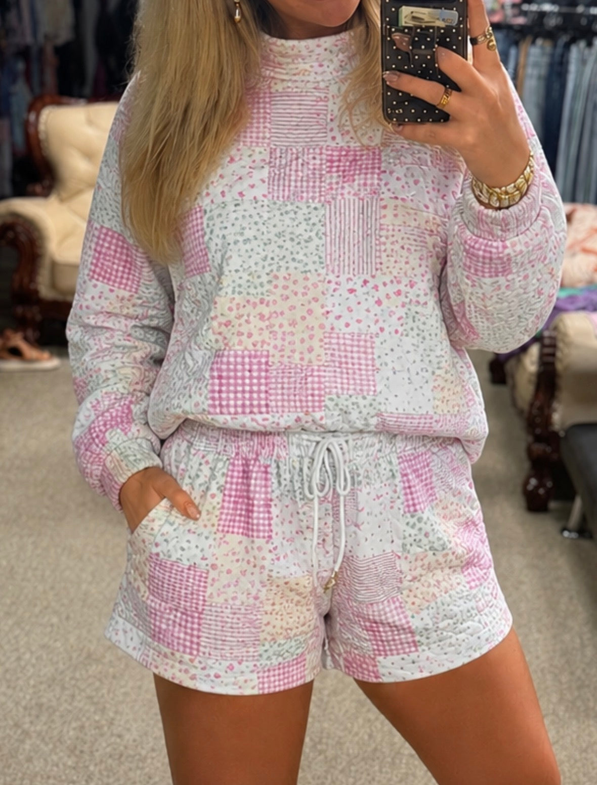 Patchwork Quilted Mock Neck Lounge Set