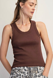 Ribbed Knit Lace Trim Tank Top – Cotton Blend Scoop Neck Fitted Basic