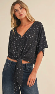 Midnight Charm Polka Dot Tie Front Blouse