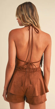 Western Fringe Suede Romper – Brown Deep V-Neck Cowgirl Romper