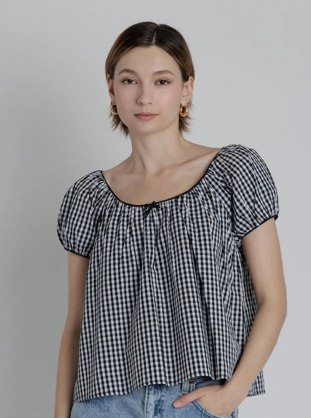 Black Gingham Puff Sleeve Peasant Top – Lightweight Relaxed Fit Blouse