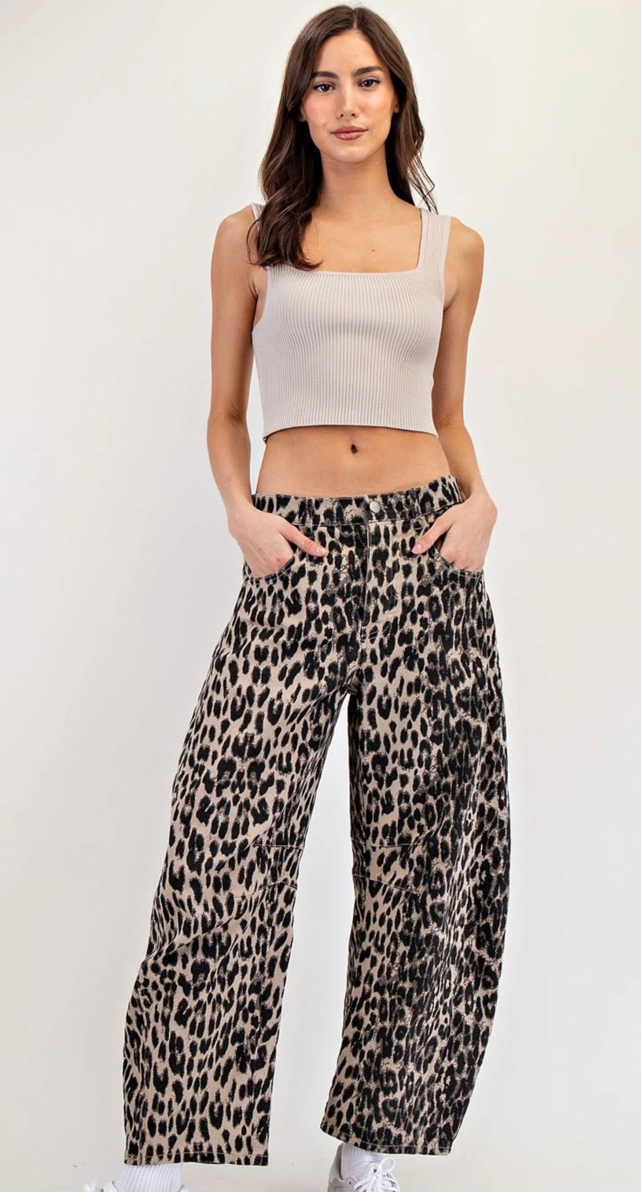 Leopard button fly barrel jeans