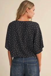 Midnight Charm Polka Dot Tie Front Blouse