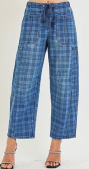 Risen Dark Plaid About You Drawstring Barrel Jeans