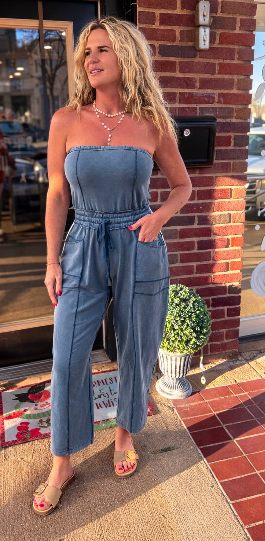 Mineral Washed Strapless Cotton Jumpsuit- teal