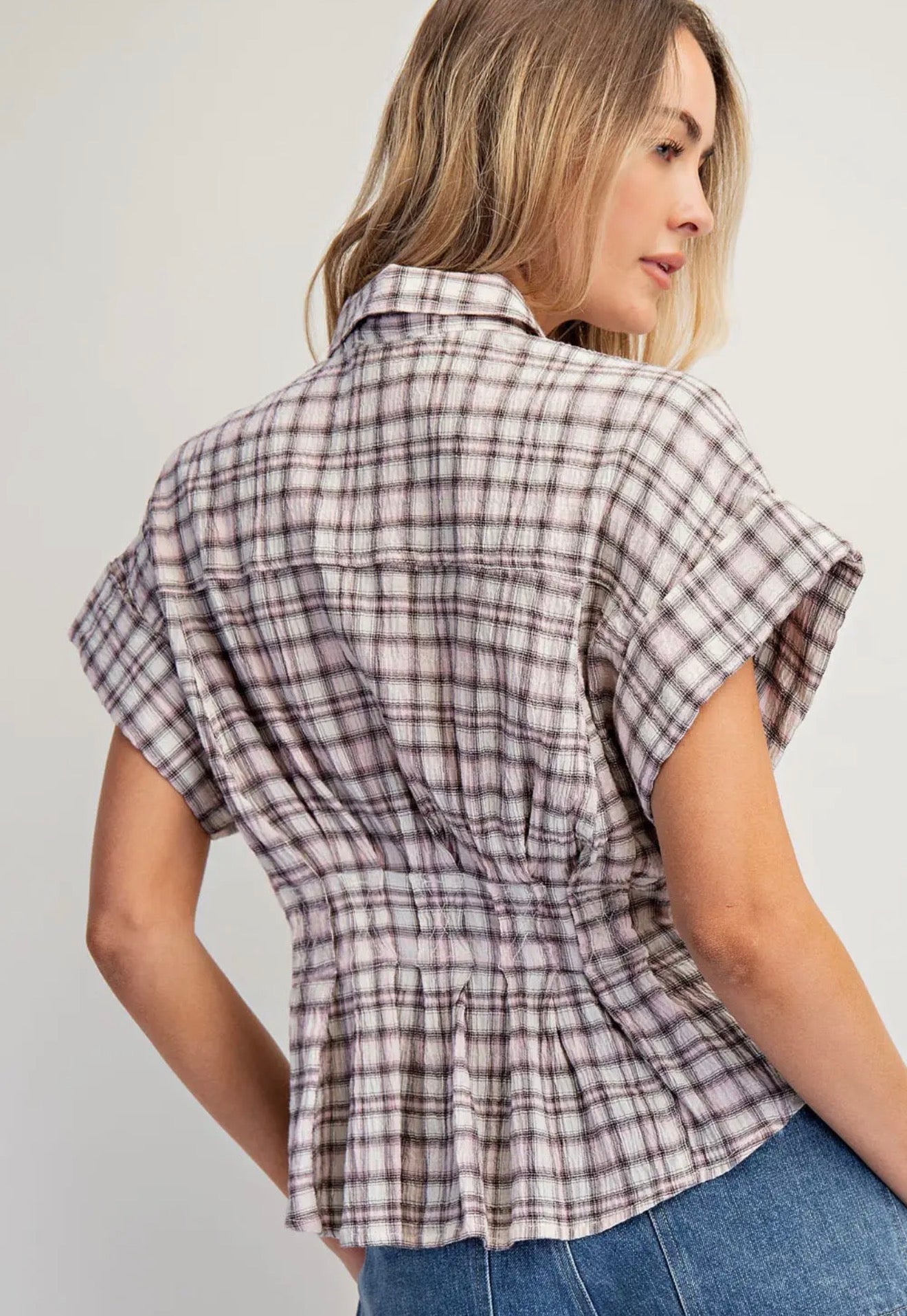 Pastel Plaid Peplum Button Front Top – Cinched Waist Cotton Blouse