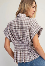Pastel Plaid Peplum Button Front Top – Cinched Waist Cotton Blouse
