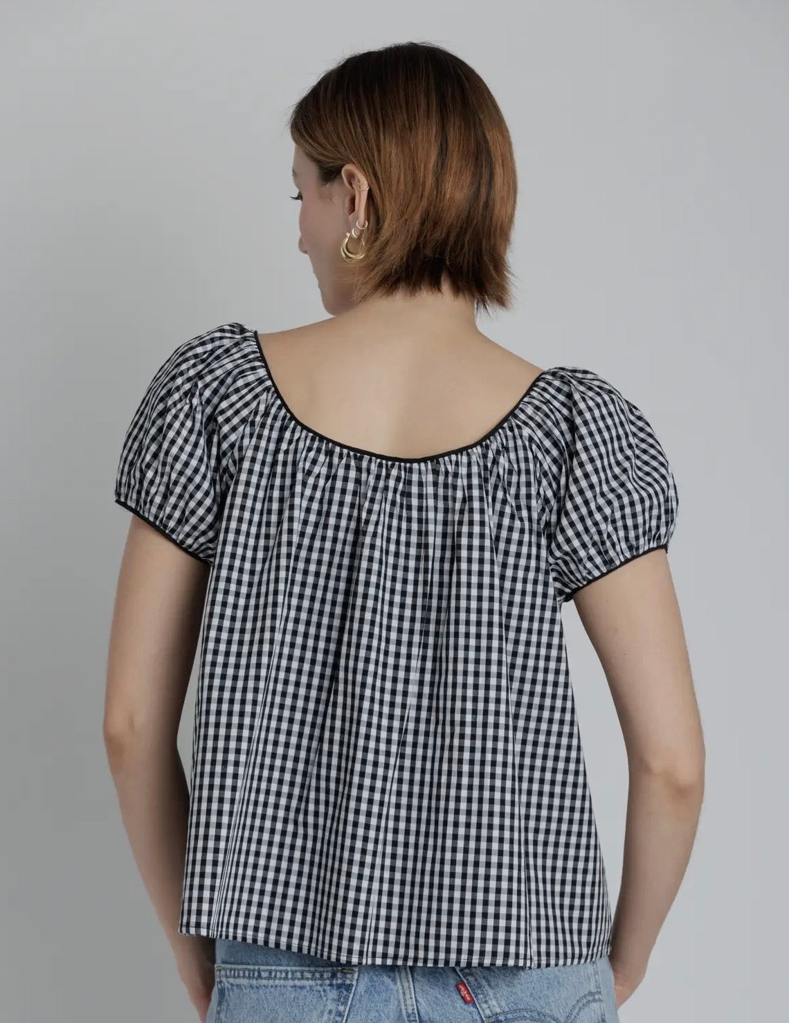 Black Gingham Puff Sleeve Peasant Top – Lightweight Relaxed Fit Blouse