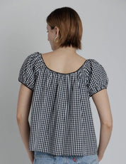 Black Gingham Puff Sleeve Peasant Top – Lightweight Relaxed Fit Blouse