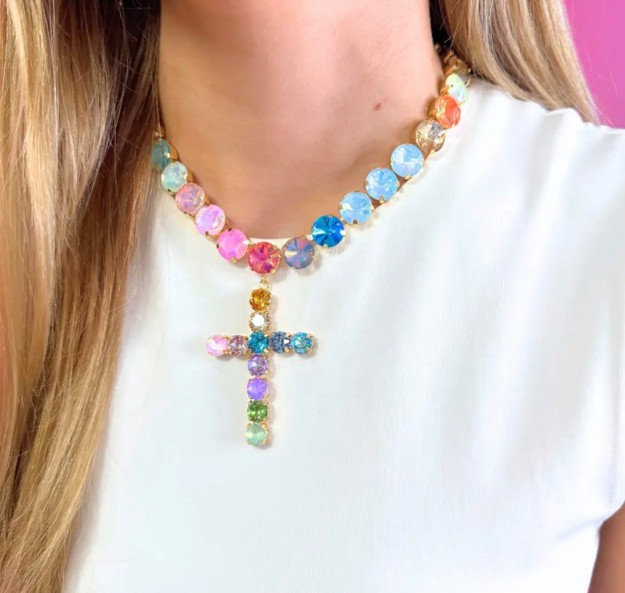 Rainbow Crystal Cross Necklace | Multicolor Statement Cross Pendant