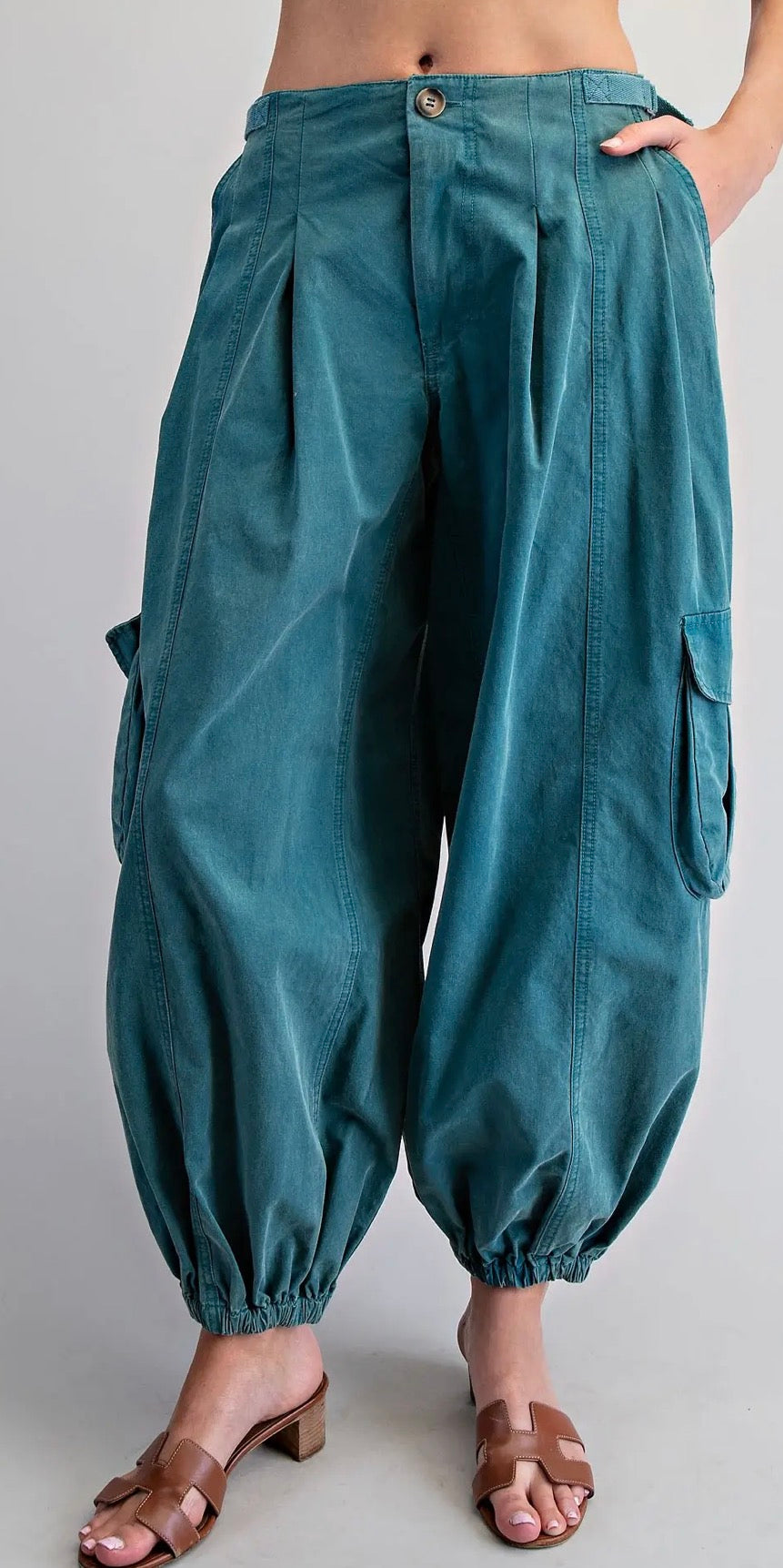 Teal Barrel Leg Cargo Pants – Boho Elastic Hem Utility Pants with Pockets