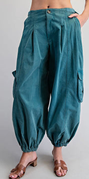 Teal Barrel Leg Cargo Pants – Boho Elastic Hem Utility Pants with Pockets