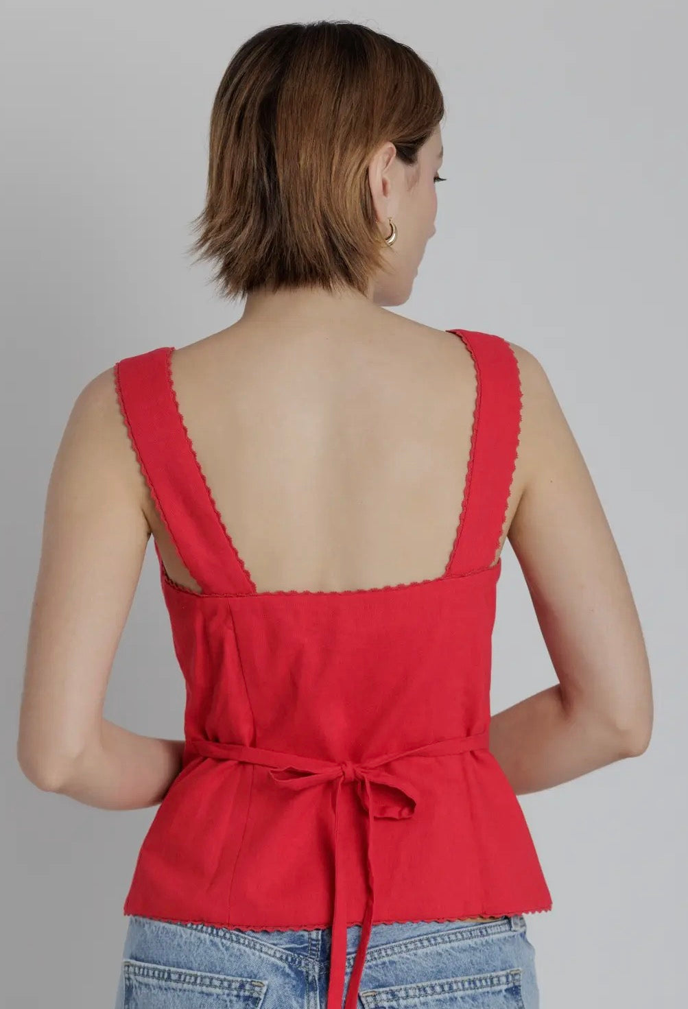 Red Button Front Corset Top – Structured Peplum Tank Blouse