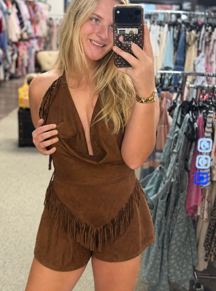 Western Fringe Suede Romper – Brown Deep V-Neck Cowgirl Romper
