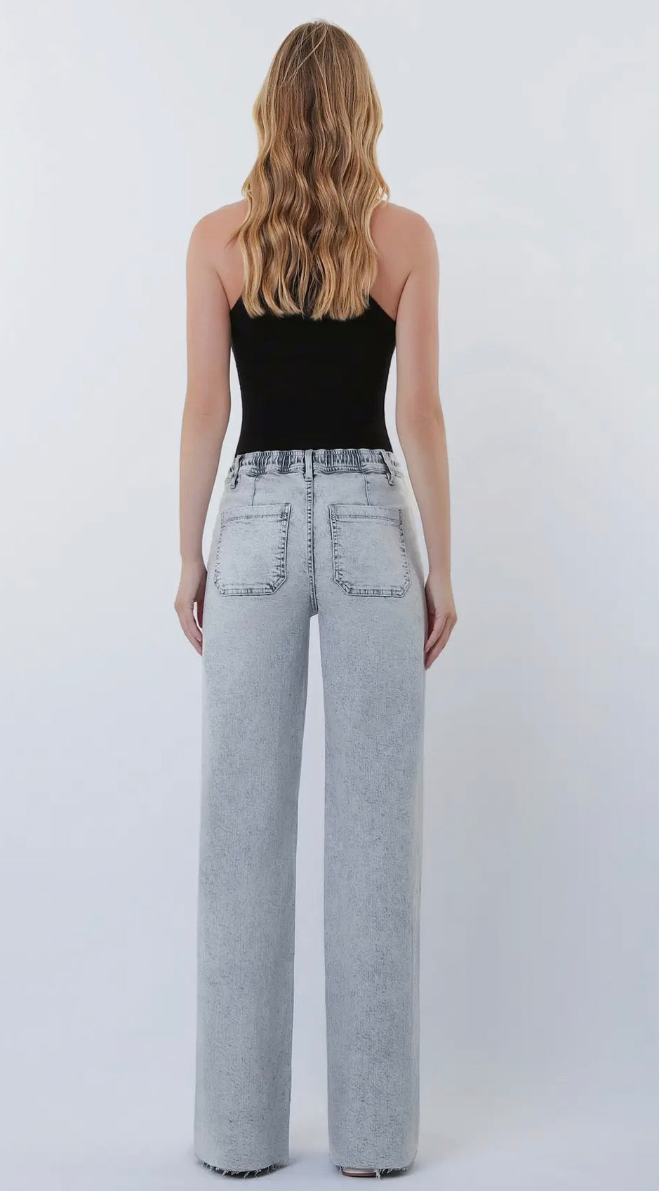 Gray Vervet High Rise Drawstring Wide Leg Jeans – Light Wash Raw Hem Denim