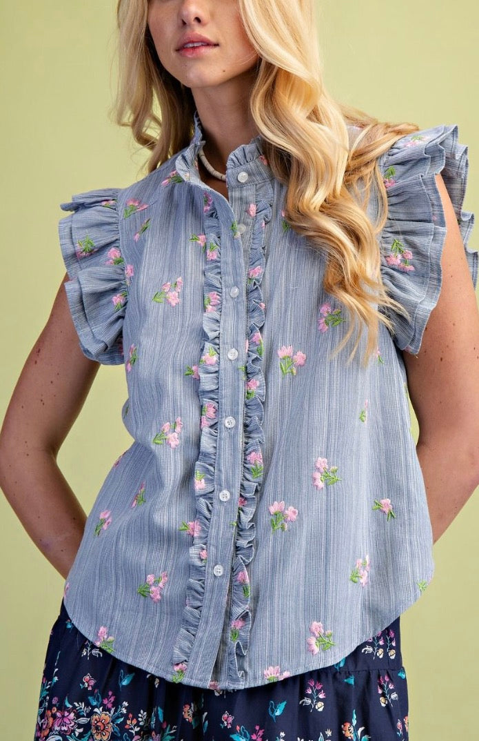 Blue Skies & Blossoms Ruffle Blouse