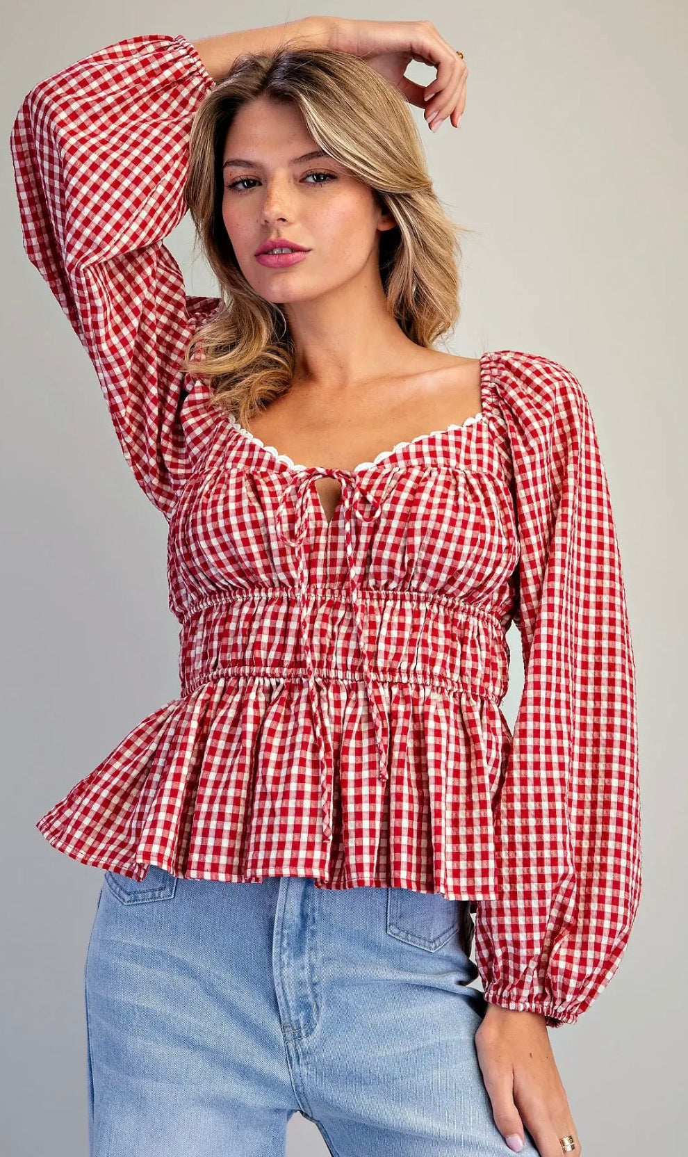 Red Charm Gingham Tie Front Blouse