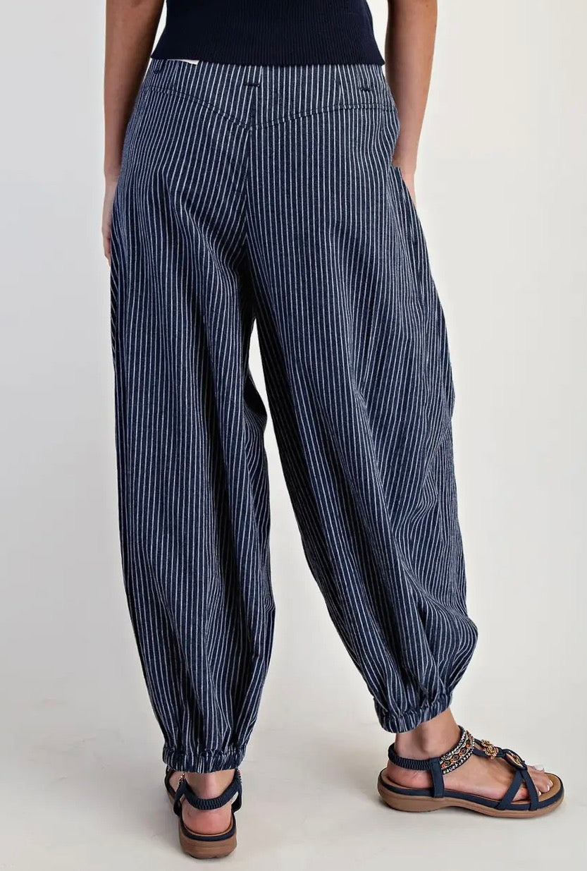 Navy Stripe Barrel Pants – Pull On Wide Leg Bubble Pants with Pockets