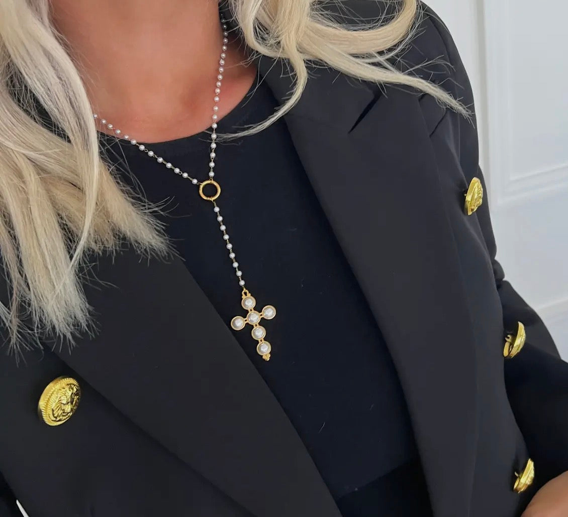 Lariat pearl cross necklace