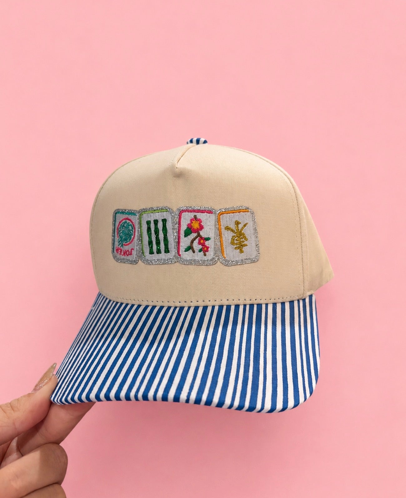 Majong Embroidered Patch Striped Trucker Hat