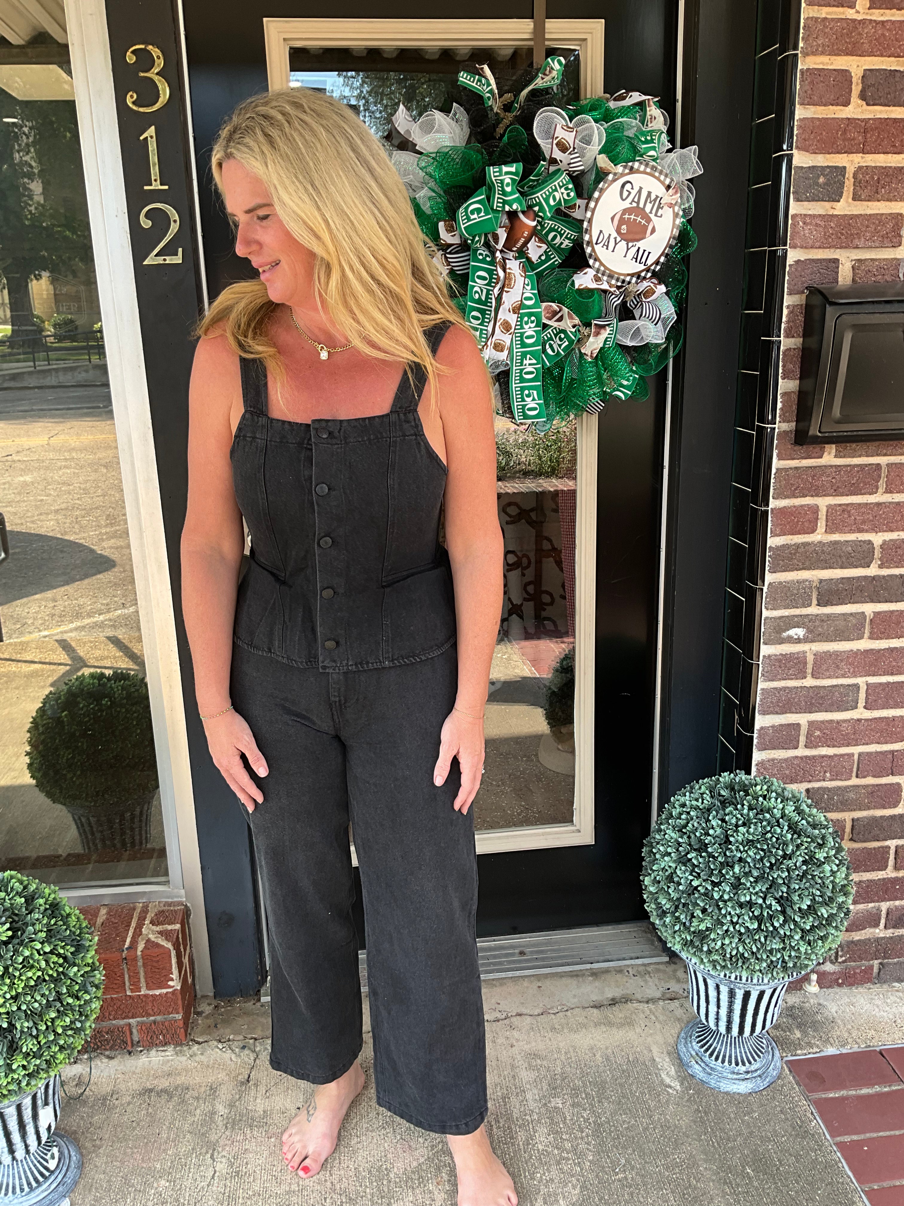 Black denim jumpsuit