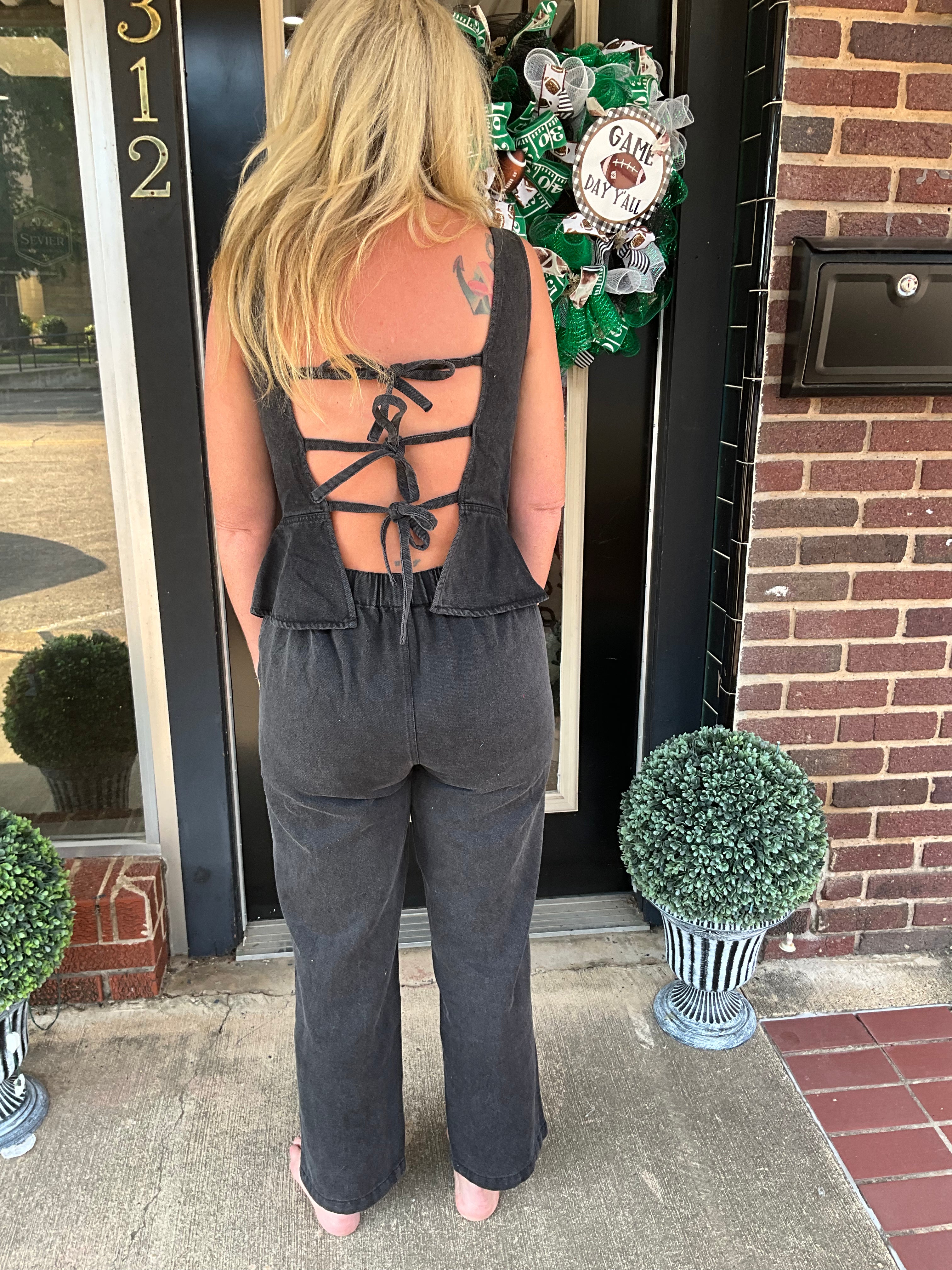 Black denim jumpsuit