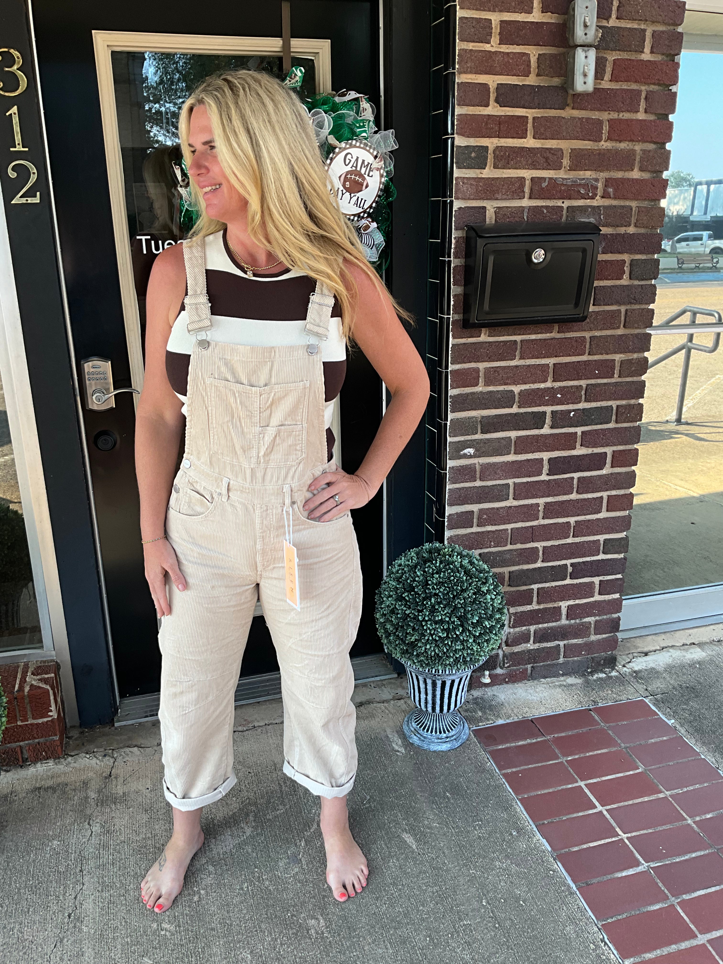 Oatmeal ribbed Barrel overalls
