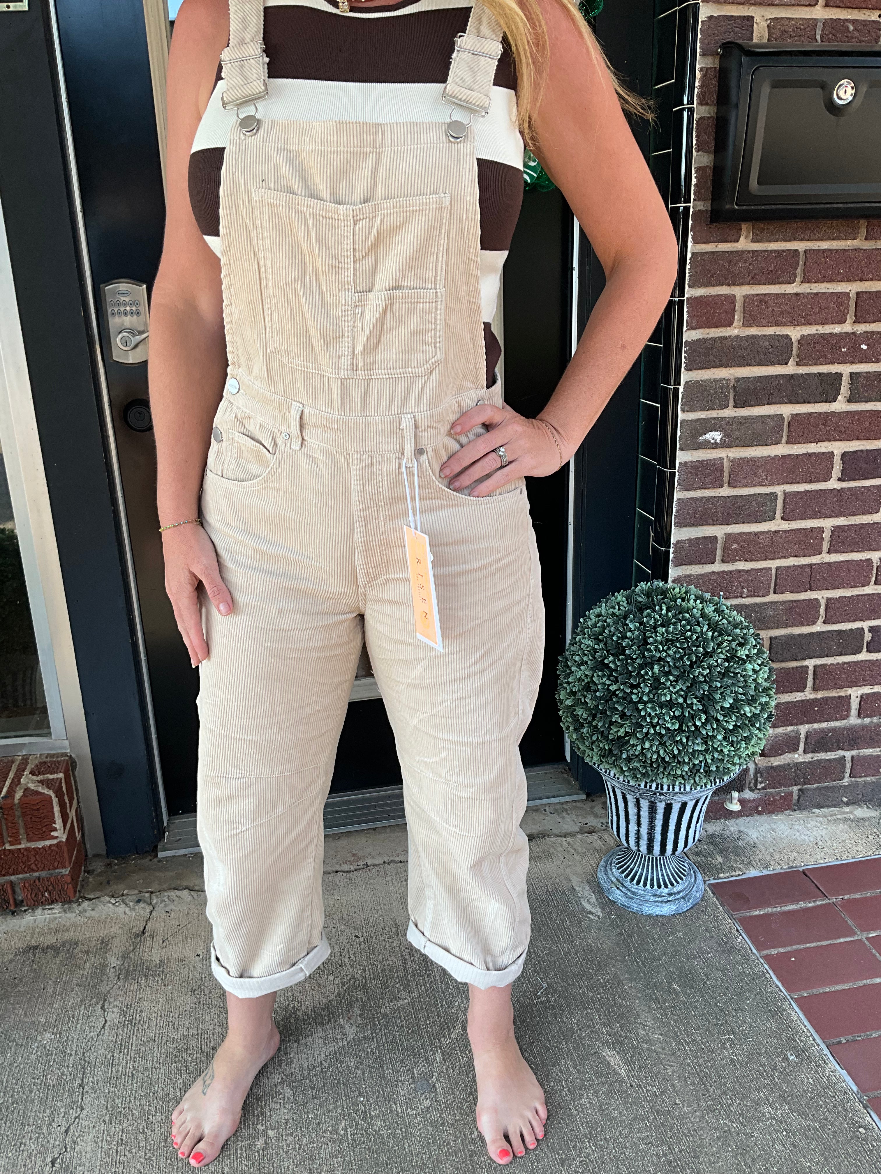 Oatmeal ribbed Barrel overalls